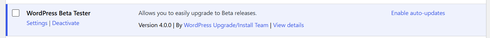 WordPress 7.0 Beta Tester plugin active screen