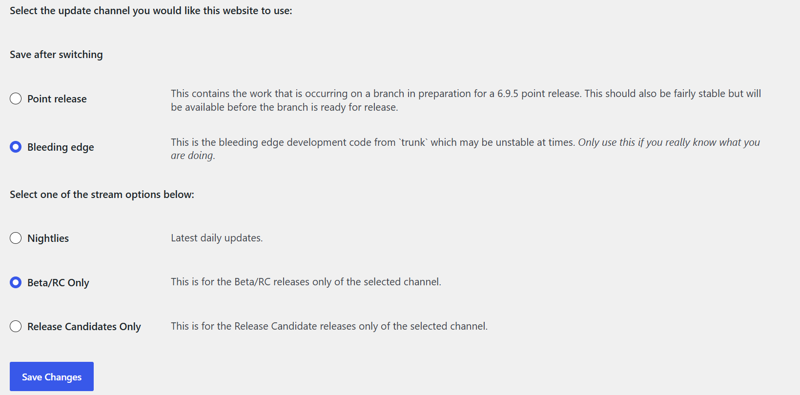 WordPress Beta version settings Bleeding Edge configuration